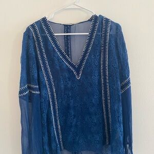 Alice + Olivia Blue Graphic Embellished Long Sleeve Blouse
